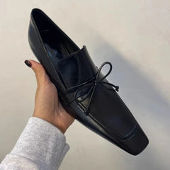 LBSFY  -  Black Square Toe Bowknot Shoes for Women Brand Designer Retro Mid-Heel Office Lady Pumps Genuine Leather Zapatos De Mujer