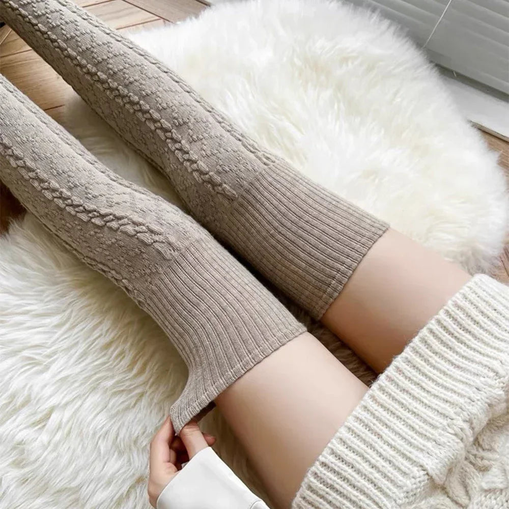 Lbsfy Wool Socks Woman Autumn/Winter Solid Color Thigh High Medias Lolita Thick Warm Stockings Black White Long Leg Socks for Female