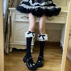 Lbsfy JK Lolita Women Stockings Y2k Girls Ruffle Long Socks Stockings Japanese Style Kawaii Bowknot Cute Lacework Knee Socks Stockings