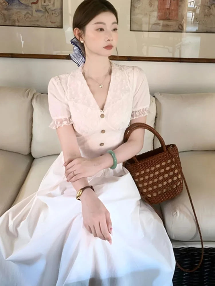LBSFY -French Elegant Lace Long Dress Summer V-Neck Puff Sleeve Single Breasted Woman Dresses Office Lady Casual 2025 New Vestidos