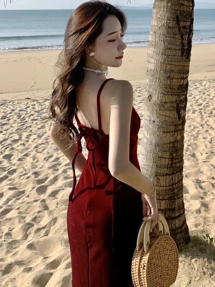 LBSFY -Summer Vintage Sexy Club Prom Red V-neck Dresses Women Spaghetti Strap Slit Long Dress Beach Midi Elegant Dress Party Robe