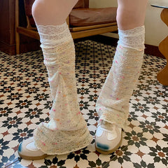 Lbsfy Y2k Rainbow Patchwork Lace Leg Socks Mesh Patchwork Wide Leg Warmers Japanese Harajuku Mid Tube Socks Sexy Flare Leg Covers