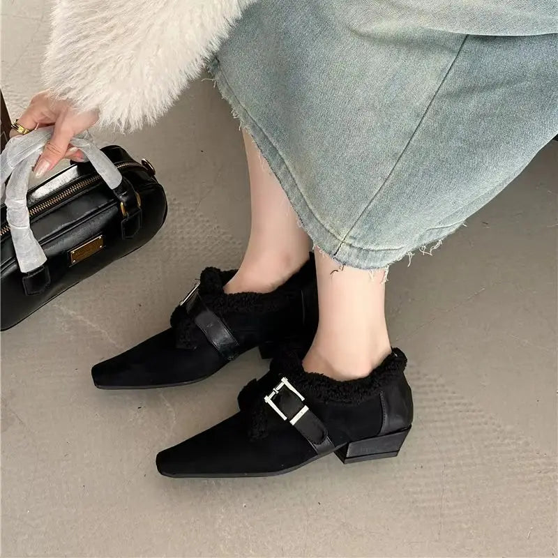 LBSFY  -  Fur Pointed Toe Women Flats Leather Elegant Buckle Flats Shoes 2025 Trend Fashion Designer Dress Loafers Shoes  Winter