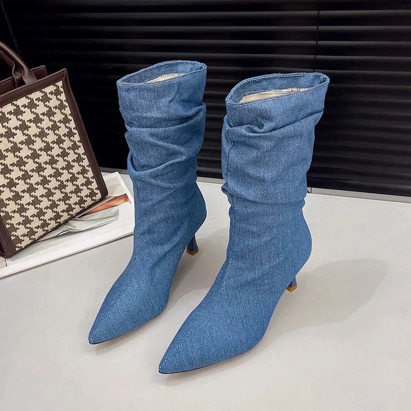 LBSFY -New Women's Winter Blue Pleated Denim Mid-calf Boots High Kitten Heels Sexy Party Club Pointed Toe Slip-on Slouch Half Boots