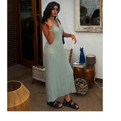 LBSFY -fit V-neck sleeveless long dress turn down collar tight green knitting summer dress simple casual female clothing