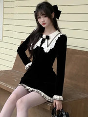 LBSFY -Y2K Sweet Velvet Womens Dresses French Patchwork Princess Flare Long Sleeves Birthday Party Mini Dress Female Short Vestidos New