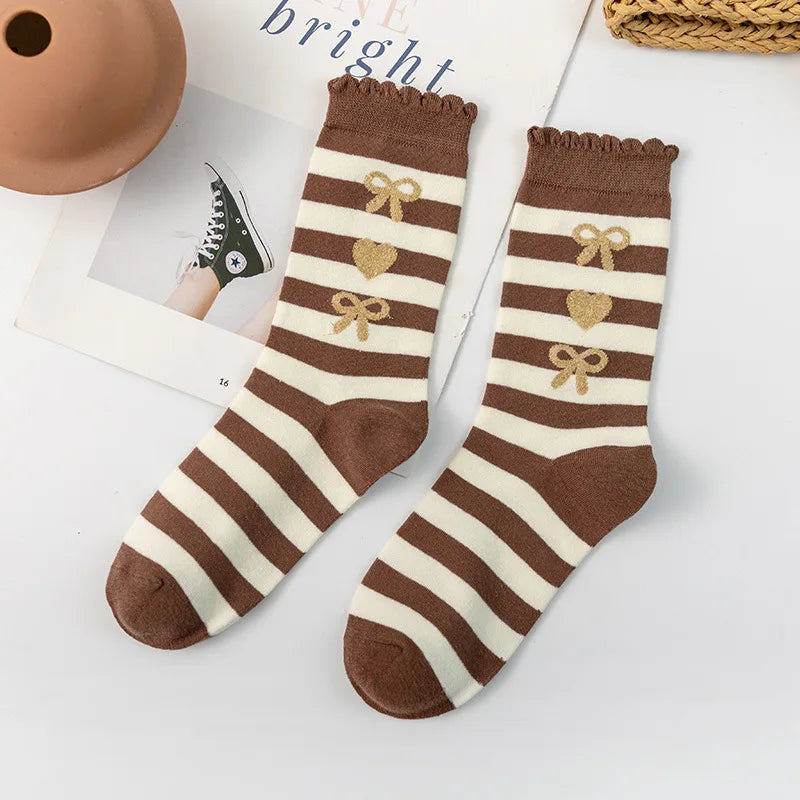 Lbsfy Ruffled Socks Women's Mid-tube Striped Dot Socks Spring Autumn Cotton Japanese Style Cute Kawaii Cartoon Bear Ladies Sports Soks