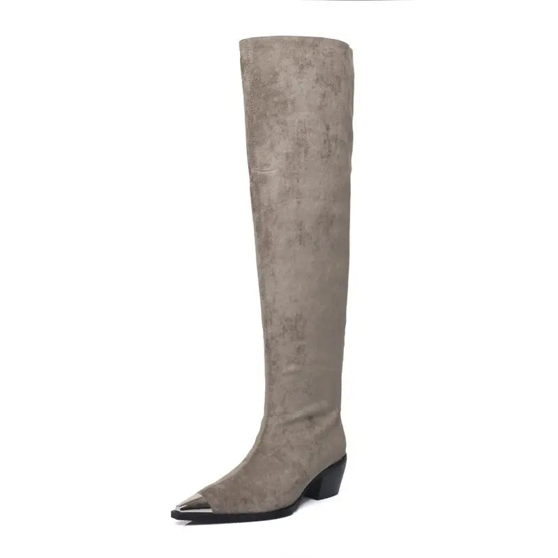 LBSFY  -  2024 New Faux Suede Women's Boots Pointed Toe Block Mid Heels Over The Knee Boots Fashion Ladies Thigh Long Boots