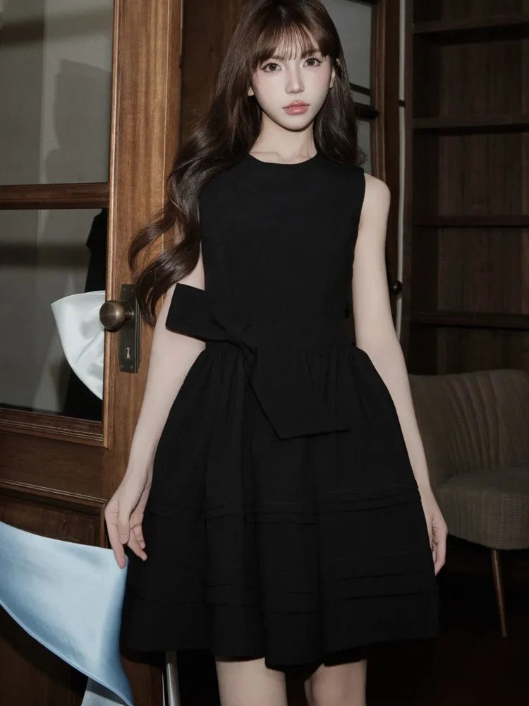 LBSFY -Elegant Vintage Style Dresses For Woman Summer French Lace-up Slim Waist O-Neck Party Evening Dress Fashion 2025 New Causal