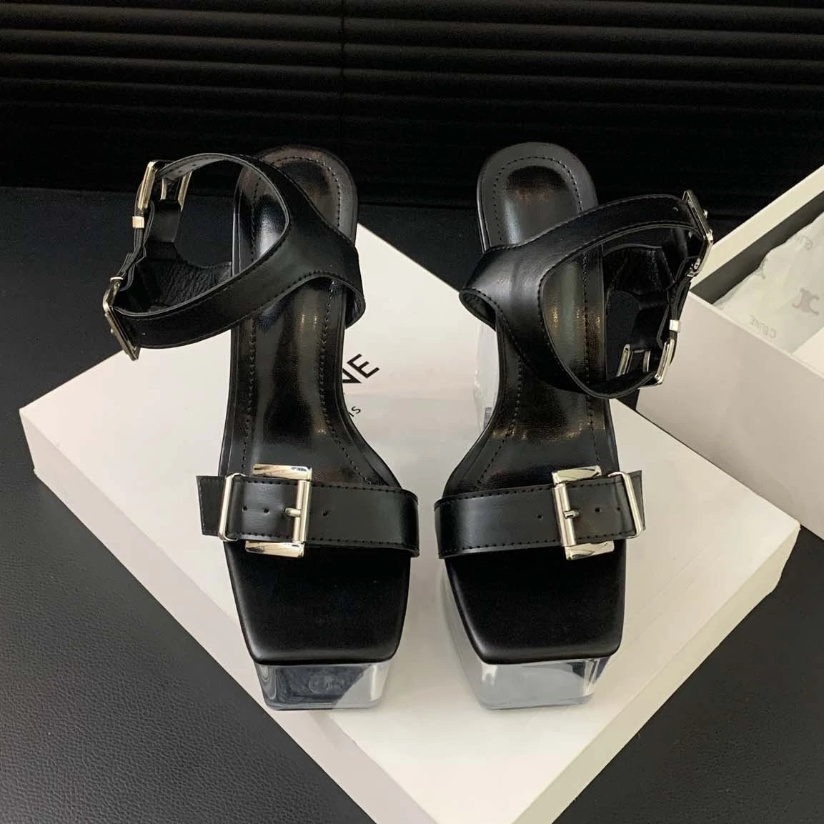 LBSFY  - Transparent Platform Sandals Women Pumps Square Toe High Heel Sandals Female Belt Buckle Open-toe Stripper Party Bridal Shoes