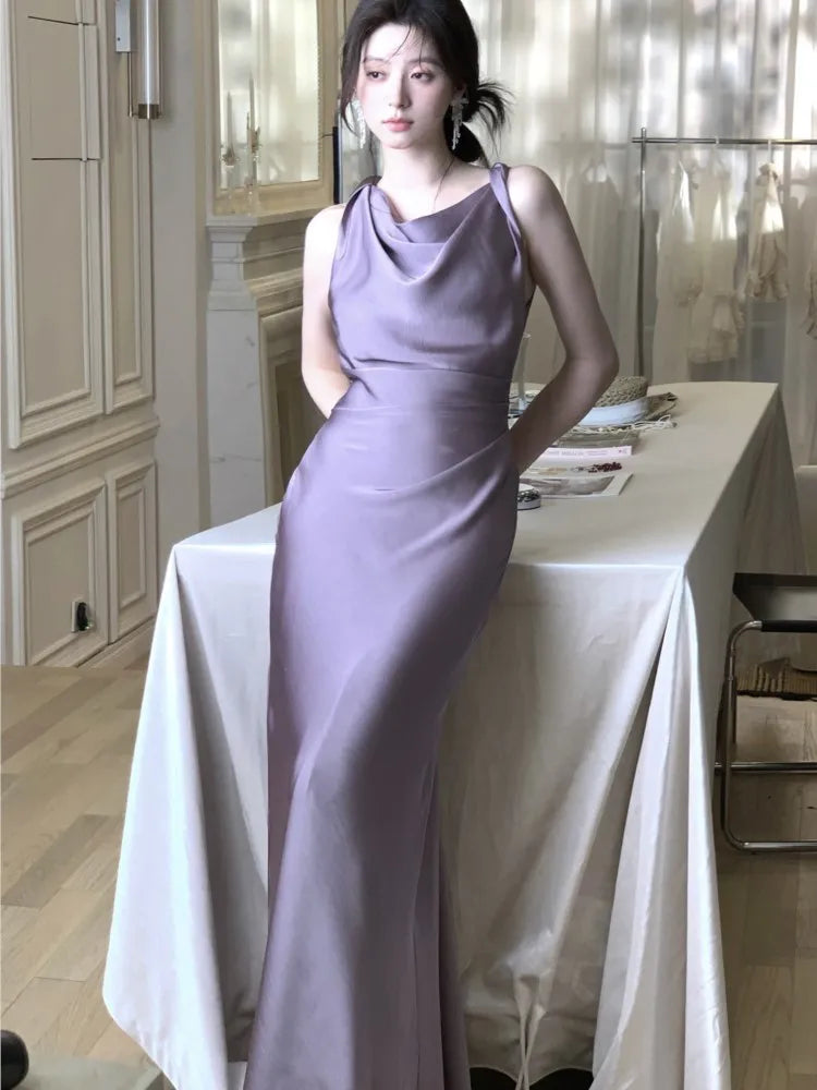 LBSFY -Women's Summer Party Elegant French Dresses Sexy Satin Swing-Collar Slim Bodycon Evening Mermaid Dress Chic Prom Female Clothes