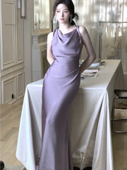 LBSFY -Women's Summer Party Elegant French Dresses Sexy Satin Swing-Collar Slim Bodycon Evening Mermaid Dress Chic Prom Female Clothes