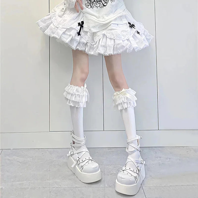 Lbsfy JK Lolita Women Stockings Y2k Girls Ruffle Long Socks Stockings Japanese Style Kawaii Bowknot Cute Lacework Knee Socks Stockings
