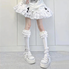 Lbsfy JK Lolita Women Stockings Y2k Girls Ruffle Long Socks Stockings Japanese Style Kawaii Bowknot Cute Lacework Knee Socks Stockings