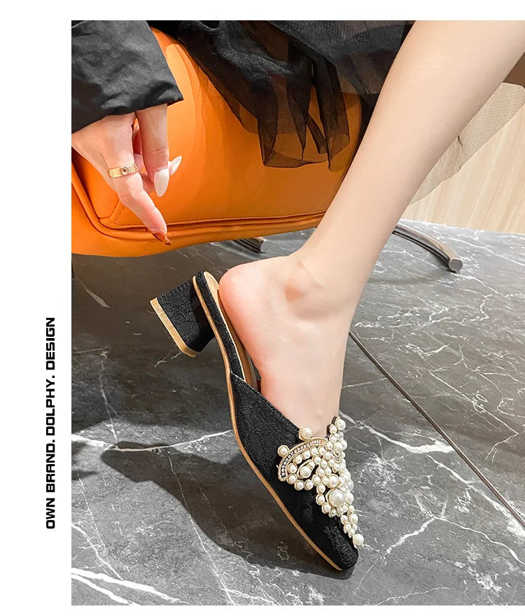 LBSFY -Pearl Half Slippers Women Shoe Autumn Rhinestone Chunky Mid Heel Slipper Sandals Fashion Muller Casual Versatile Single Shoes