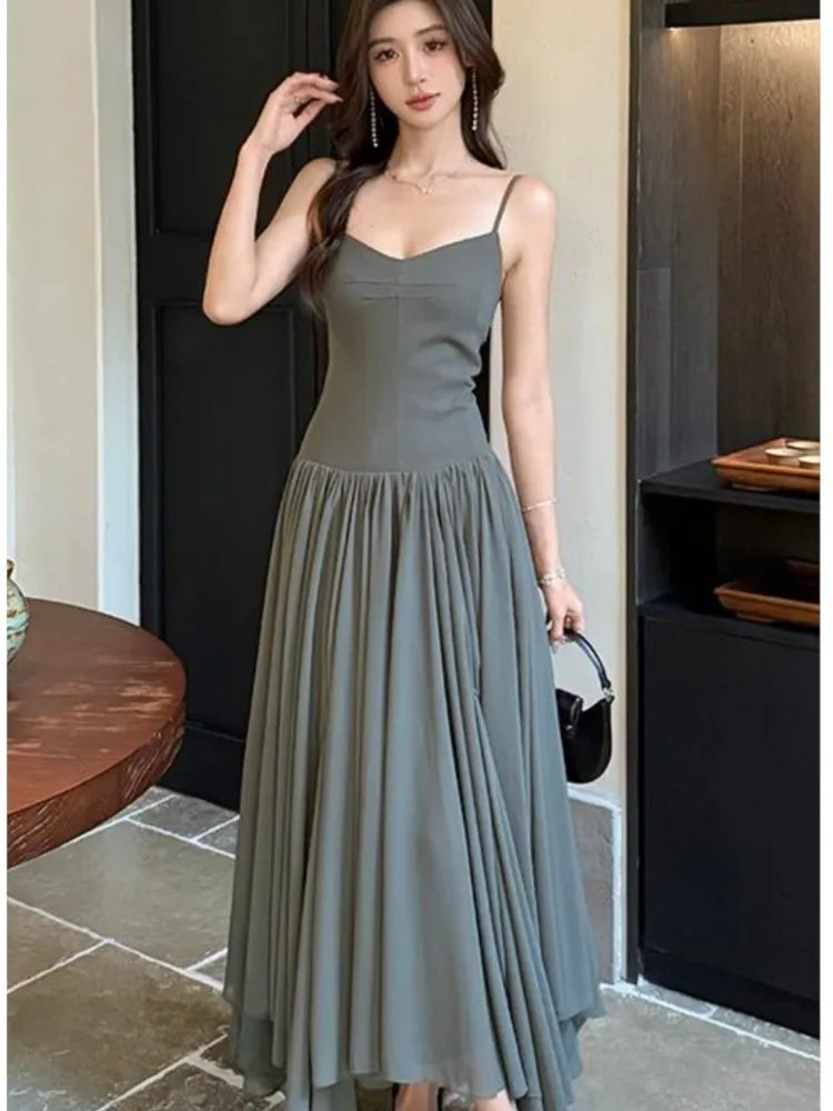 LBSFY -2025 Summer Office Lady Women's Dresses New Elegant V-Neck Slim Waist Pleated A-Line Long Sling Dress Holiday Casual Vestidos