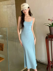 LBSFY -Women's Sexy Split Sling Dresses Summer Korean Backless Square-Collar lim Fit Midi Dress 2025 Basics Holiday Casual Clothing New