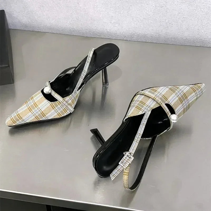 Lbsfy Pointed Toe Retro Plaid High Heels Women Elegant Slingbacks Shoes Women Pumps Sexy Office Fashion Dress Shoes Sandalias De Mujer