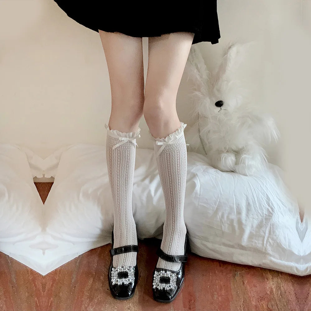 Lbsfy Solid Color Bowknot Hollow Lace Stockings Woman Summer Middle Tube JK Lolita Cute Socks Black White Fishnet Stockings for Women