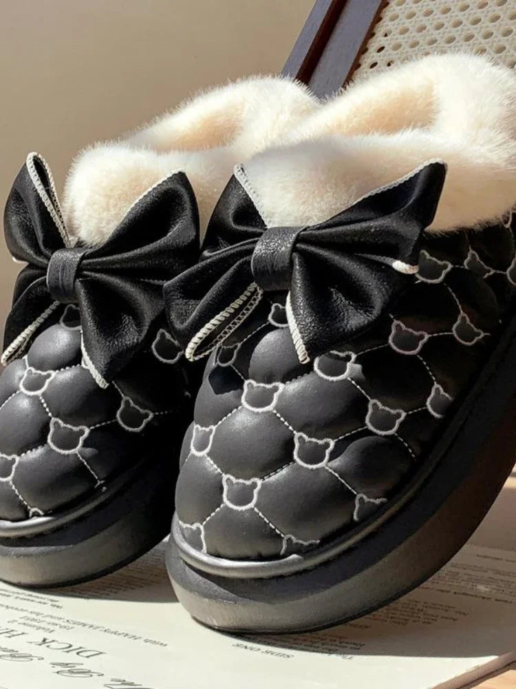 LBSFY  -  Platform Ankle Boots Female Bowknot Designer Winter Snow Booties Indoor Fluffy Slippers Women House Flats Fashion Footwear Warm