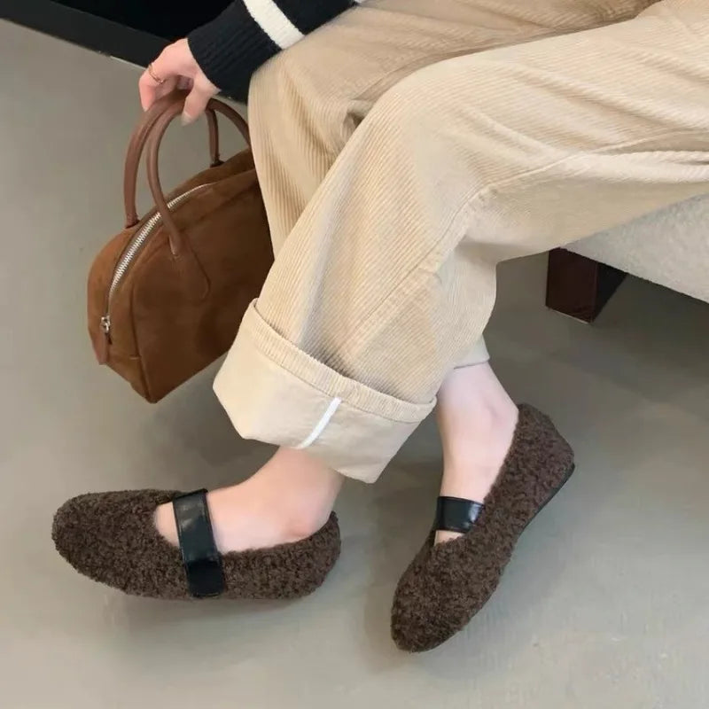 LBSFY -New Women Ballet Laofer Flat Shoes Fashion Shallow Slip on Ladies Fur Mary Jane Shoes Soft Outdoor Granny Shoes Zapatos Mujer