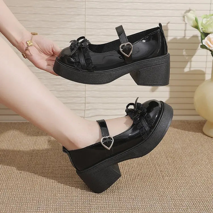 LBSFY -Ankle Buckle Chunky Heels Bow Women Japanese Style Patent Leather Mary Jane Shoes Woman Punk Thick Heels Single Lolita Shoes