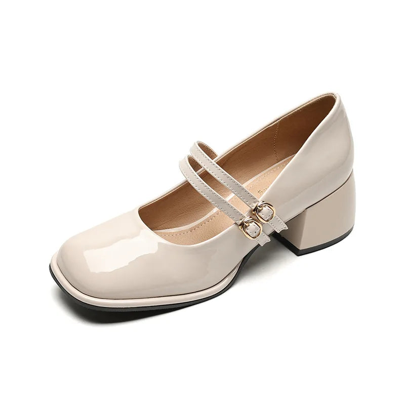 LBSFY -Spring Women's Shoes Ladies High Heels Casual Mary Janes White Square Toe Shallow Mouth Design 41-43 Retro Single Shoe