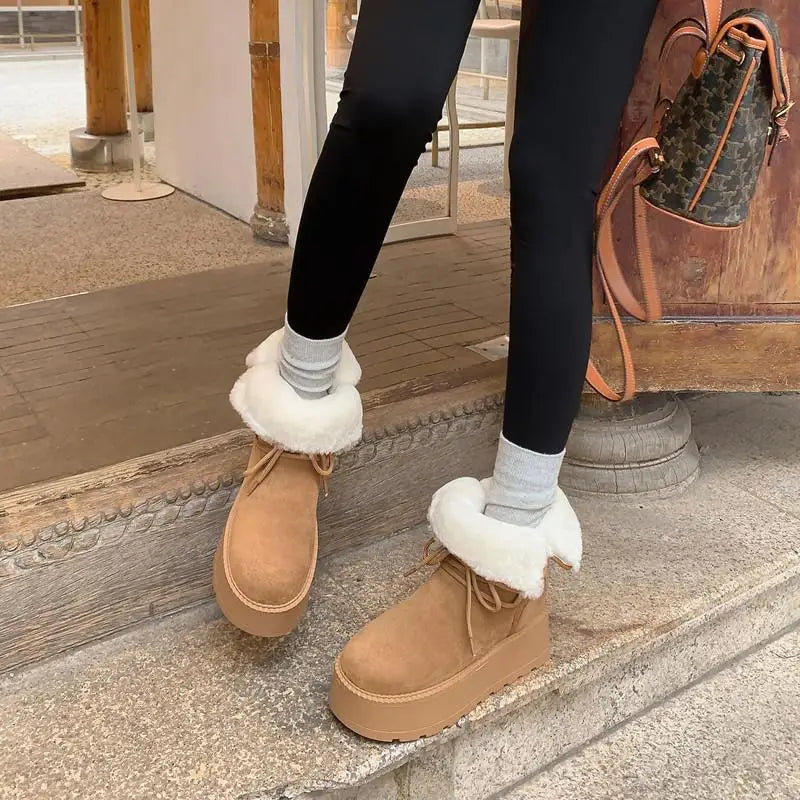 LBSFY  -  Wool Snow Boots Women Lace Up Platform Winter Boots Round Toe Thick Bottom Black Brown Ladies Warm Casual Shoes