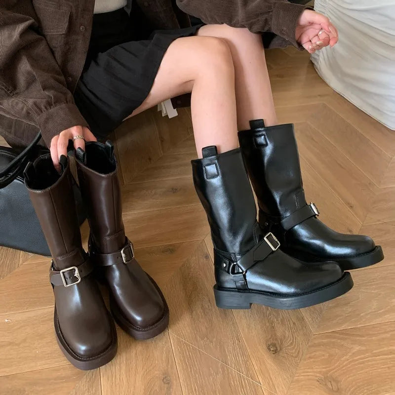 LBSFY  -   Mid Calf Boots Women Round Toe Black Pu Leather Buckle Block Heel Biker Shoes Wide Calf