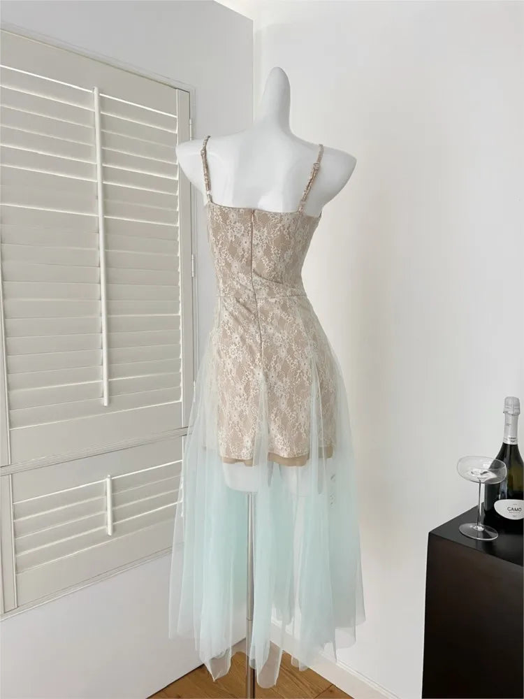 LBSFY -Summer Lace Mesh Elegant Spliced Sling Dresses For Woman 2025 Sexy Zipper New Fashion Evening Party Prom Long Dress 2025 Vestido