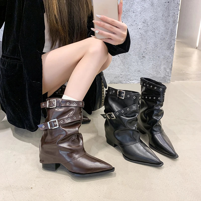 LBSFY -Autumn Vintage Thick Heel Women Western Cowgirl Boots Fashion Belt Buckle Ladies Elegant Slip on Mordern Mid Calf Booties