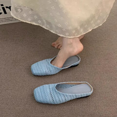 LBSFY -Women Mules Slippers Female Summer Flats Sandals Knit Fabric Stretch Slides Holiday Beach Shoes Square Heel Square Toe Flat