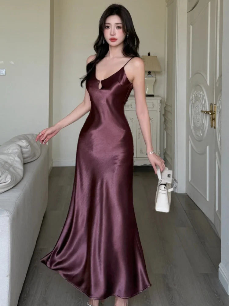 LBSFY -Summer Spring Satin Womens Dresses Sexy Spaghetti Strap V-neck Evening Party Long Dress Slim Waist Vestidos Robe Female Clothes