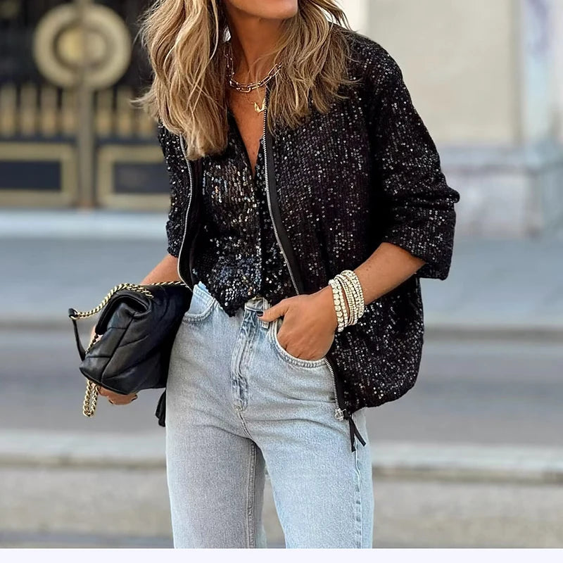LBSFY  -  Commuter Lady Elegant Zipper Short Jacket Spring Glitter Sequin Shiny Top Cardigan Women Long Sleeve Pocket Autumn Coat Outwears