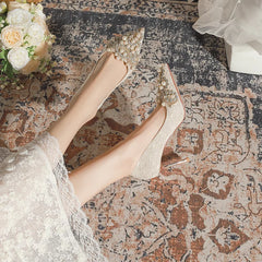 LBSFY  -  Small Size 32-43 Rhinestone Pearls High Heels Women Wedding Shoes Stiletto Heel Pointed Toe Banquet Shoes