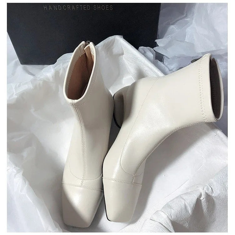 LBSFY -New Women's Metal Hollow Heel Iron Head Metal Pointed Toes Modern Short Boot for Women Winter Street Style Low Heel Boots Female