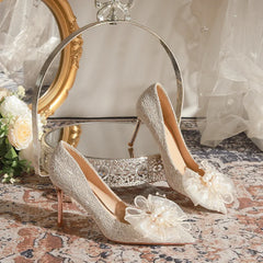 LBSFY  -  Size 32-43 Lace Pearls Wedding Shoes Bridal High Heels Princess Pointed Toe Mesh Stiletto Shoes For Women