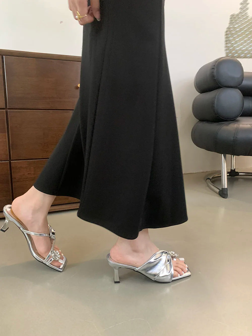 LBSFY  -  Clip Toe Women Slippers Summer Outside Mules Shoes Thin High Heels Party Pumps Casual Black Gold White Crystal Rhinestone Pumps