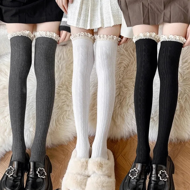 Lbsfy Japanese JK Lace Socks Lolita Lace Stockings Women Knitted Pattern Girls Cute Elegant Solid Color Winter Warmer Floor Hosiery