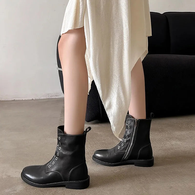 LBSFY  -  Fashion Short Boots Women's New High Quality Genuine Leather Boots Round Head Low Heel Leg Boots Women's Shoes