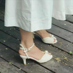 LBSFY  -  White Pearl Heels Sandals Shoes for Women Wedding Party 6cm Ankle Strap 2024