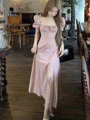 LBSFY -Korean Summer Elegant Fashion Women's Dresses Puff Sleeves Square-Collar Vintage Folds Split Lace Up Long Dress 2025 Vestidos