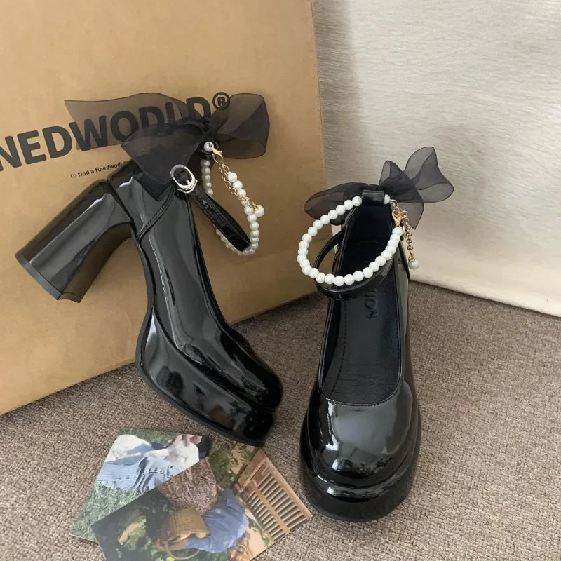 LBSFY -Mary Jane Shoes Women's Spring New Ultra-high Heel Pearl Chain with Platform Block Heel Wedding Shoes Lolita Shoes