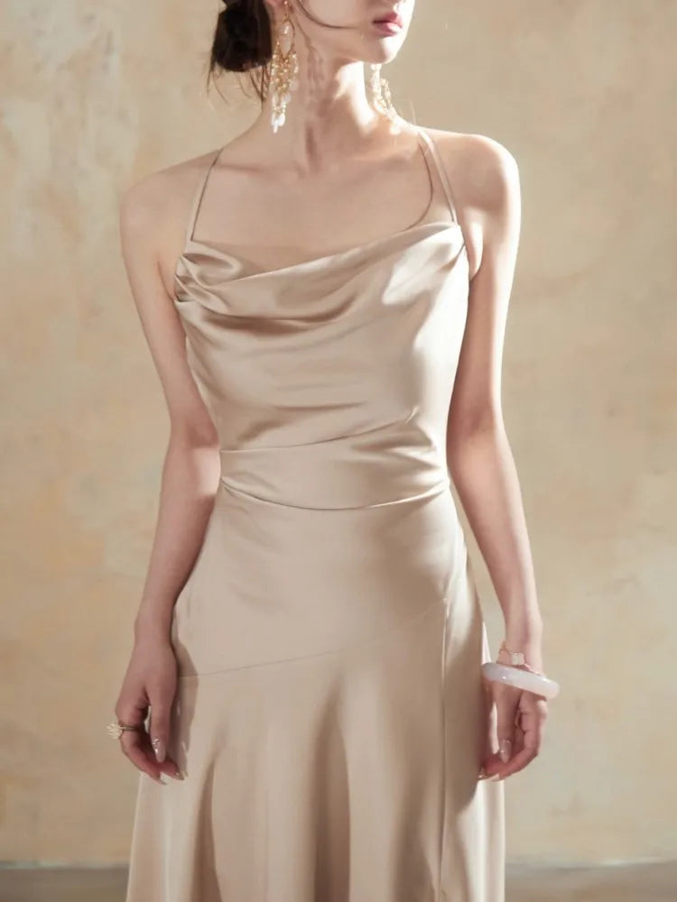 LBSFY -Women Sexy Party Elegant Pleated Dress 2025 French New Fashion Vacation Evening Solid Satin Split Sleeveless Long Dress Summer