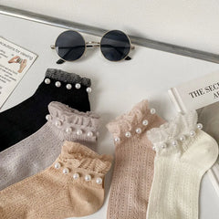 Lbsfy 5 Pair/Lot Mesh Breathable Fashion Lace Socks Women Kawaii Pearl Decoration Short Socks Female Spring Summer New Sokken Femme