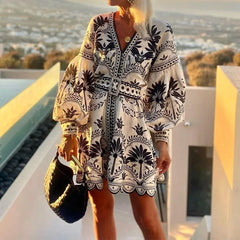 LBSFY  -  Boho Style Pattern Print Retro Party Dress Women Spring V Neck Lace-up Office Mini Dress Autumn Lantern Long Sleeve A-Line Dress