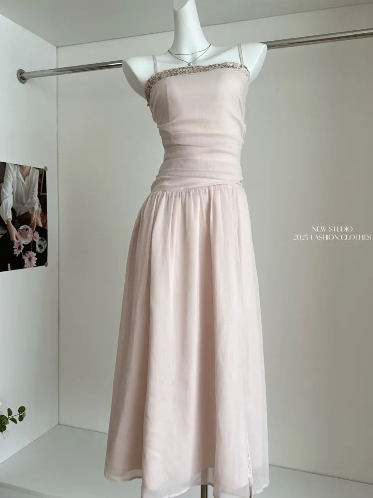 LBSFY -Summer Elegant Vintage Sequin Women's Sling Dresses Pleated Spaghetti Strap Sleeveless Midi Dress Party Holiday New Vestidos
