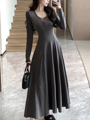 LBSFY -Women's Solid Maxi Dress Casual Korean Chic Long Sleeve U-Neck Slim Fit A-Line Autumn Sexy Prom Robe Vestidos Mujer New Clothes