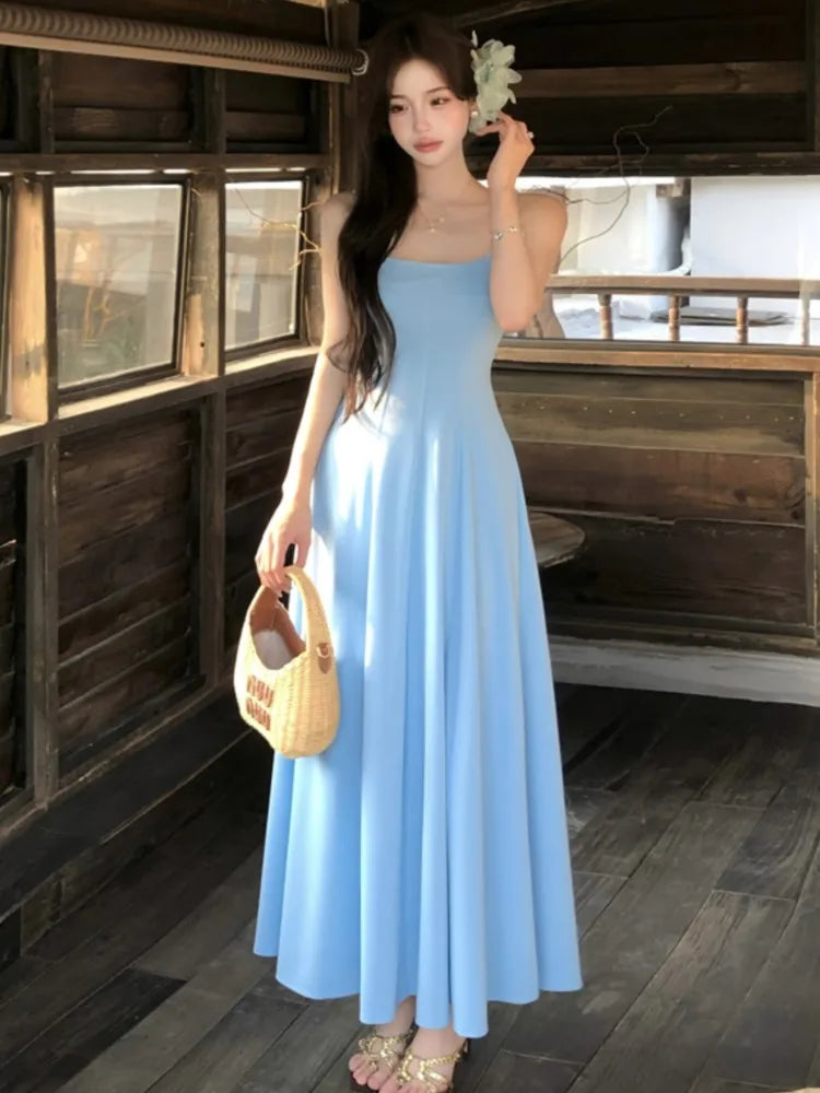 LBSFY -French Gentle Casual Women's Sling Dresses Sleeveless Slim-Fit Spaghetti Strap Zipper Long Dress Summer Office Lady Vestidos