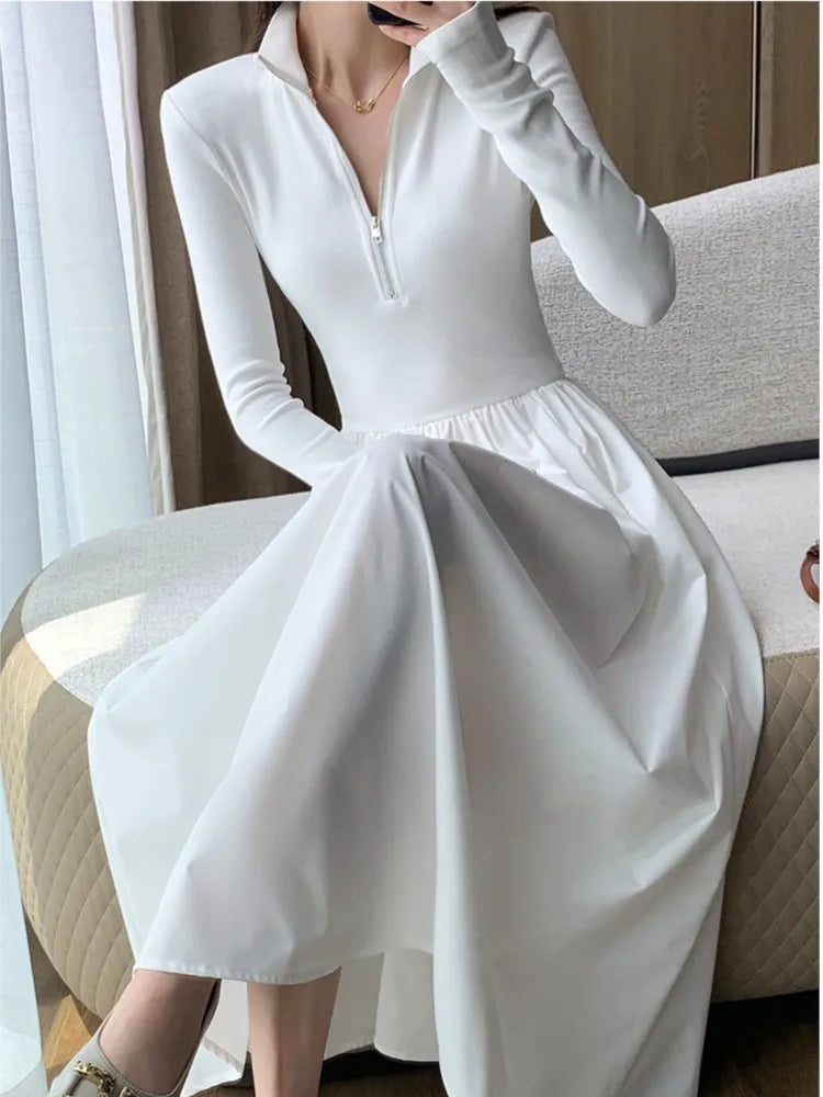LBSFY -Vintage Elegant Solid Knitted Midi Dresses Women Korean Casual Long Sleeve Slim A-Line Black Birthday Party Robe Autumn Clothing